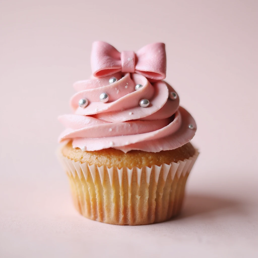 realistic cupcake with pink icing, photorealistic style, with a tiny fondant bow and silver dragees as accessories emoji