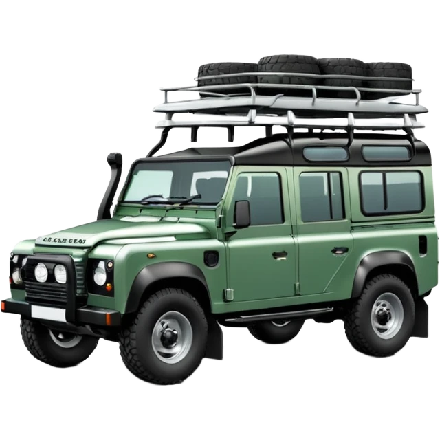Land Rover Defender 110 2.4Tdci in Aintree Green with silver alloy wheels and black roof rack, emoji style, three-quarters view emoji