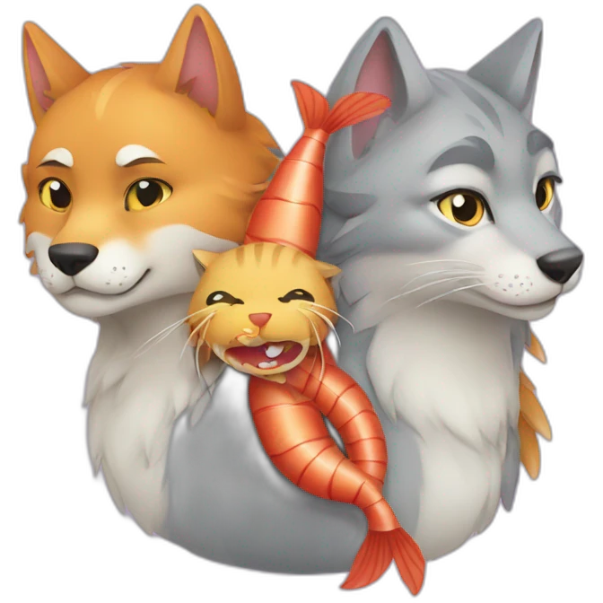 a wolf, a cat and a shrimp cuddling emoji