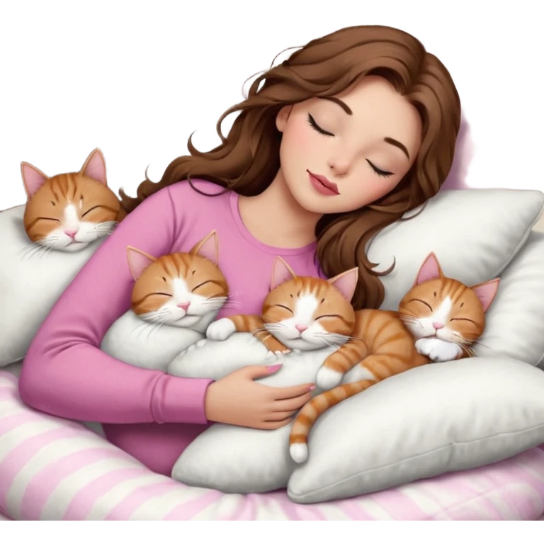 girl with long wavy brown hair, brown eyes, long lashes makeup, sexy pink lips, light to medium complexion,  sleeping on a cozy pillow, with 6 cats: 1 brown and white tabby cat, 1 ginger and white, 2 grey and white, 1 grey with white mittens and small white patch on chest and 1 calico, sleeping emoji