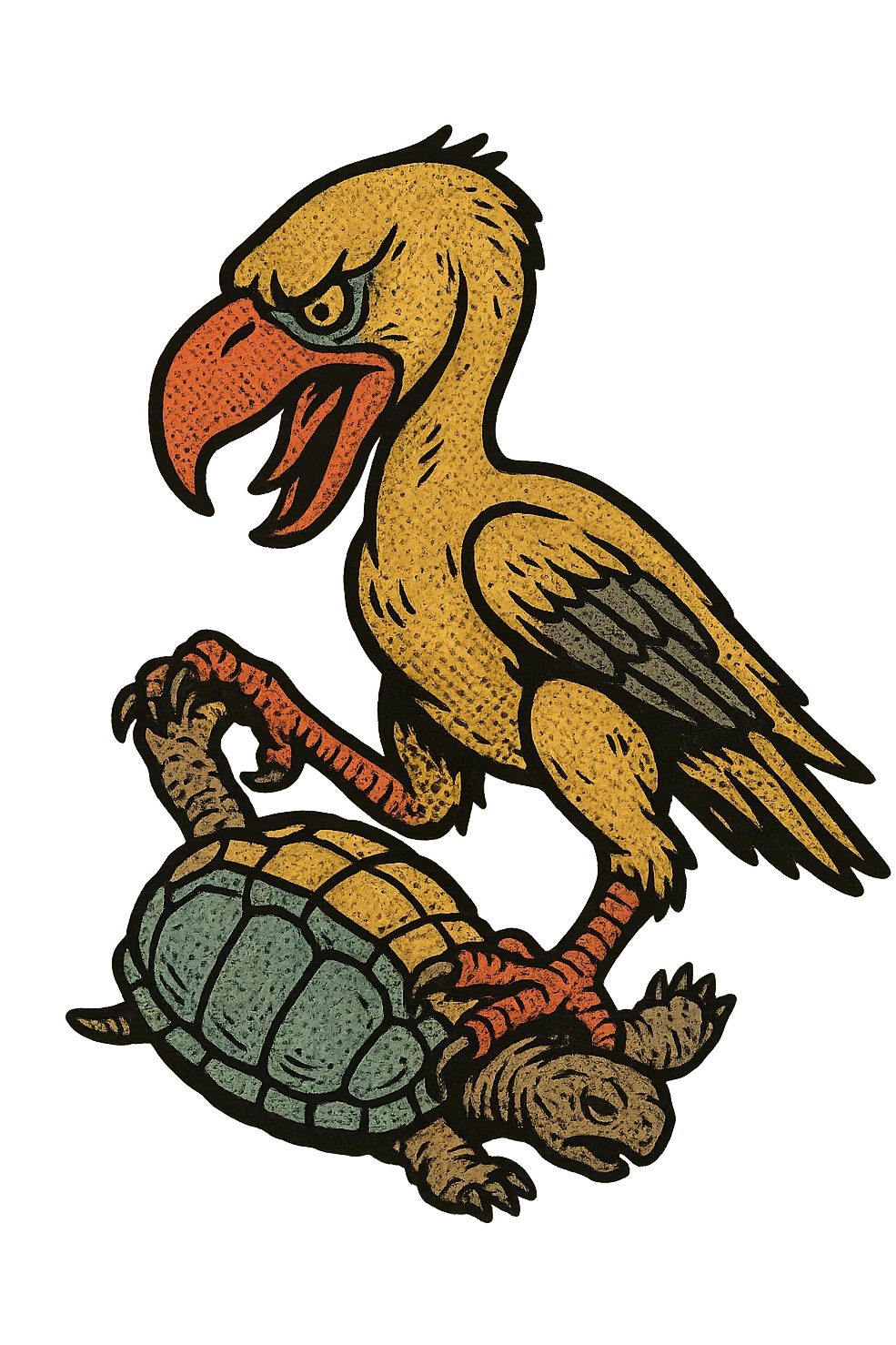 an insignia for a flag: a strange foreign alien bird creature, resembling a prehistoric phorusrhacos, gripping a upturned tortoise with a claw with its' beak tearing down into it
 emoji