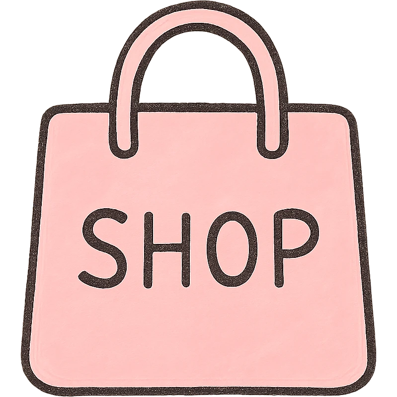 soft and cute shopping icon, pink theme, Japanese hand-drawn style, transparent background, for mobile home screen emoji