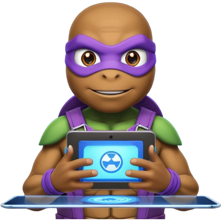 Donatello from Teenage Mutant Ninja Turtles, emoji style, using a hologram device, with a blue hacking interface on the screen emoji