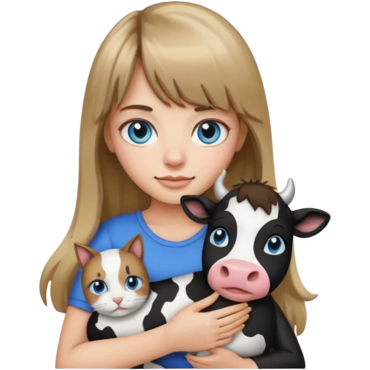 Apple-style emoji sticker of a young woman with long dark blond hair and bang, blue eyes , holding a cat black and white like a cow patch on her chest.  emoji