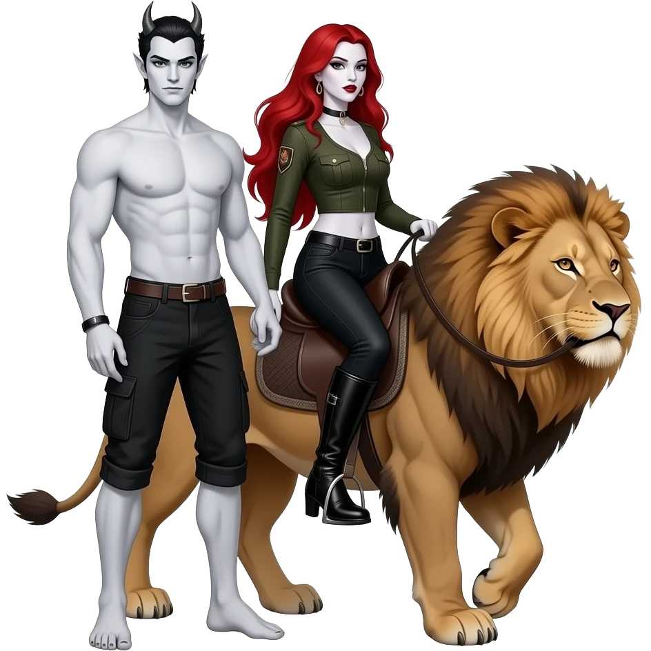 Vampiro femmina con pelle bianca e capelli rosso dulati lunghi che indossa dei jeans neri a zampa d' elefante e un top stretto con le maniche lunghe stile militare e degli anfibi lunghi neri he cavalca un leone con suo fratello VAMPIRO maschio con la pelle bianca emoji