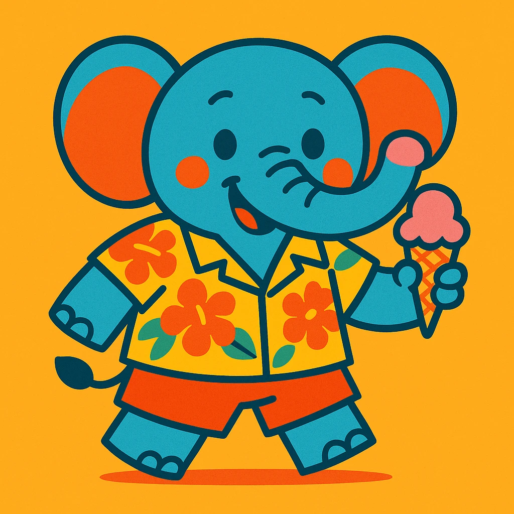 a cute elephant in a Hawaiian shirt and shorts, holding an ice cream, cheerful vibe emoji