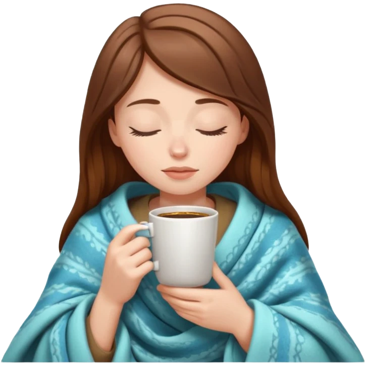 brown-haired white girl inside a blanket sipping coffee eyes closed emoji