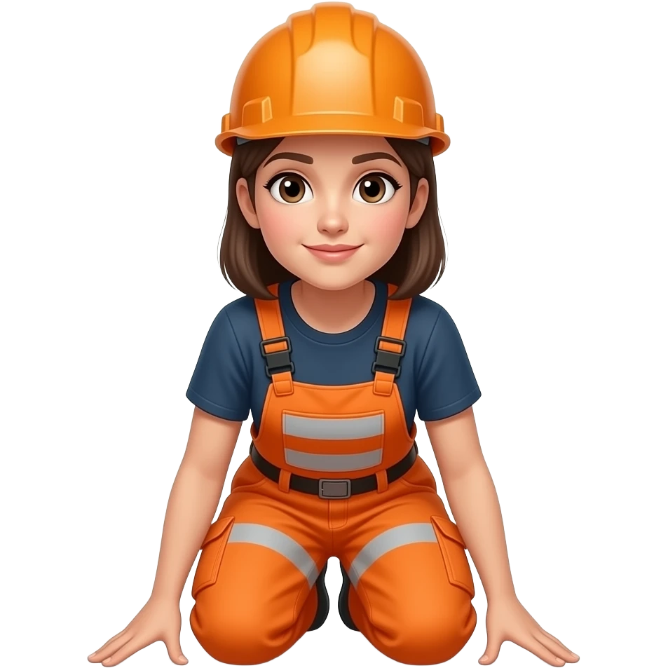 woman, in full orange hi-vis overalls with sleeves and hard hat, looking at floor emoji