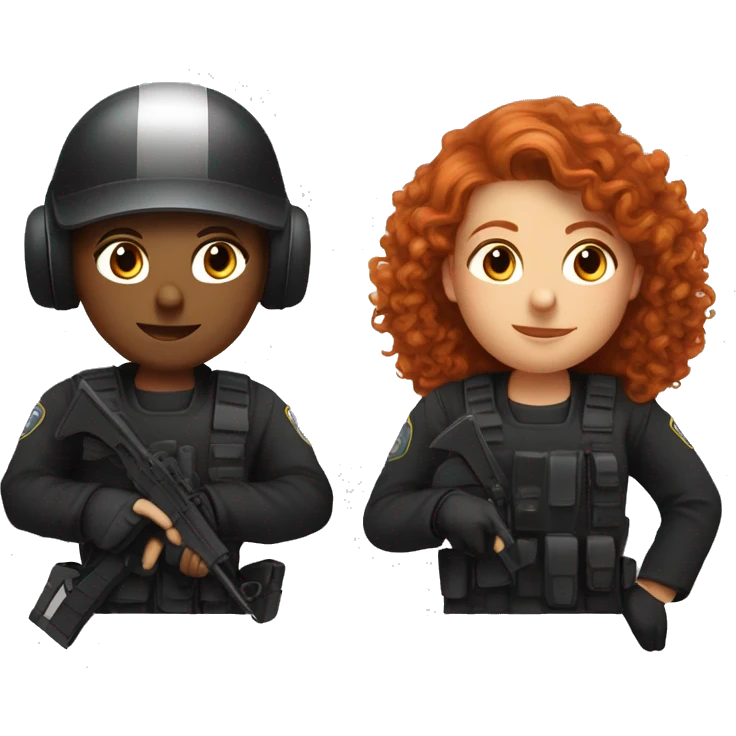 operator dressed in black with a milatary helmet, without glasses, wearing a headset, ready to respond to alerts, preferably curly redhead female  emoji