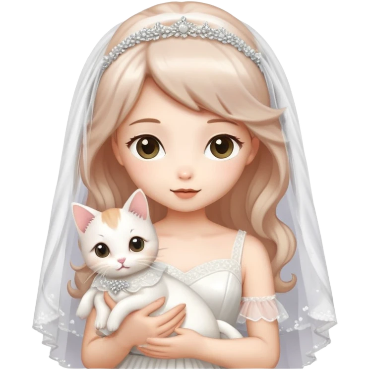 Very dreamy-beautiful-fashionable and elegant-wearing a wedding dress-with a veil-woman-holding a kitten-shiny-ladylike-soft style-kawaii-beautiful-hair-fairy style- emoji