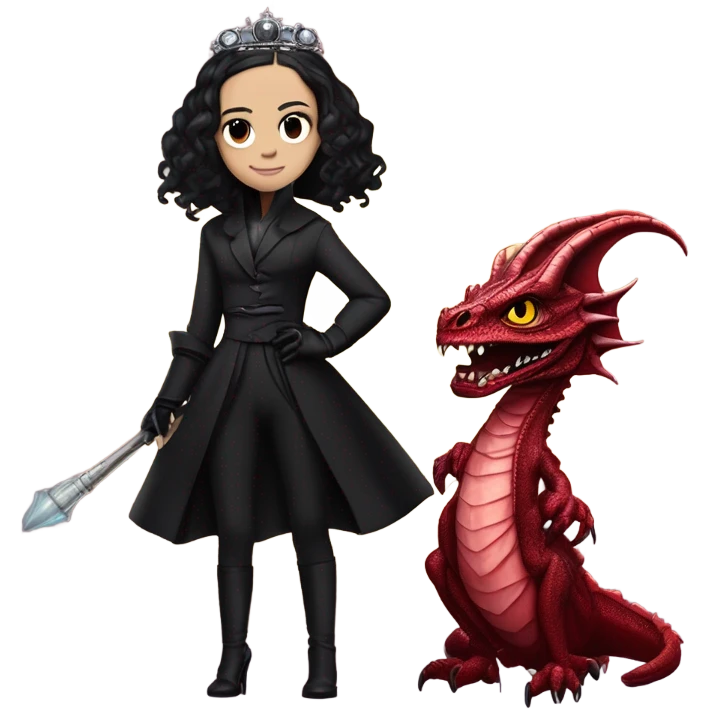 Lavish Victorian evening gown with gloves, Jenna Ortega as Addams girl Jedi wearing a mini tiara, standing next to a very large blood red evil-looking horned dragon emoji
