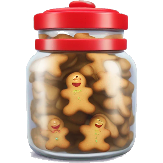 Realistic glass cookie jar with red lid full of gingerbread cookies isolated.  emoji