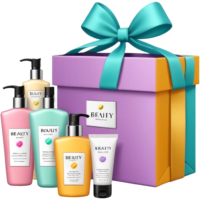 Gift bag with beauty products (shampoo, creams, styling products), a gift bag is beautyful open box with luxury brand-labeled beauty products standing nearby emoji