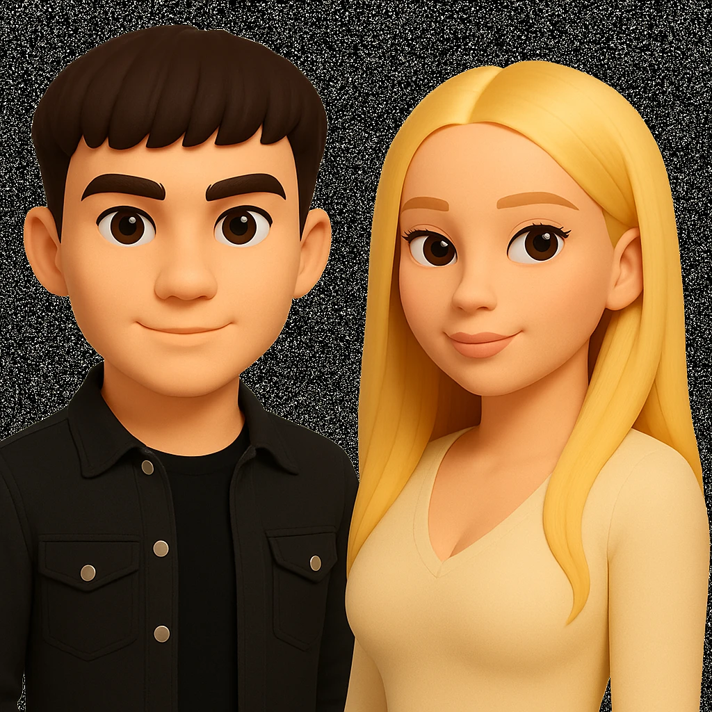 Slightly increase the volume of the upper body of the girl, separate the girl and the boy from each other, and make the skin color the same for both characters. Maintain the cartoonish 3D style in the image. emoji