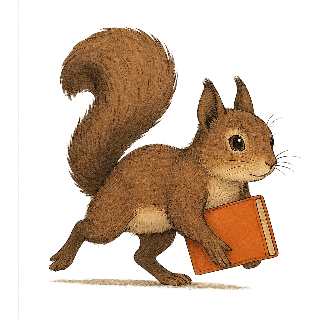 A cute brown squirrel with an orange book, studying at Siberian Federal University, running, full body, detailed fur, intelligent and beautiful emoji