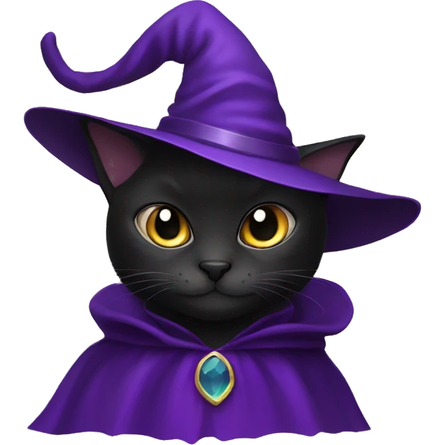 Black cat with a purple cape and purple witch hat emoji