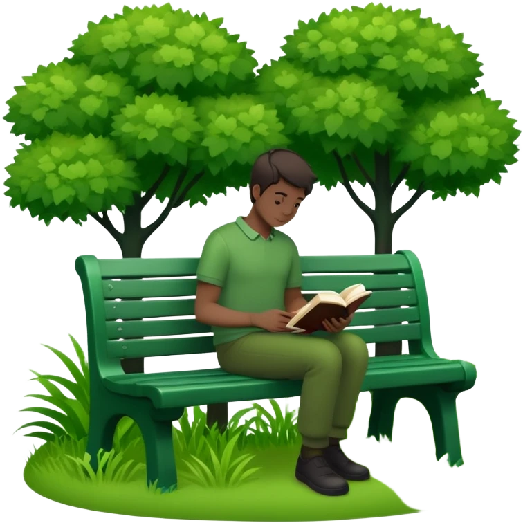 silhouette of man sitting with book on bench surrounded by trees/bushes green color palette emoji