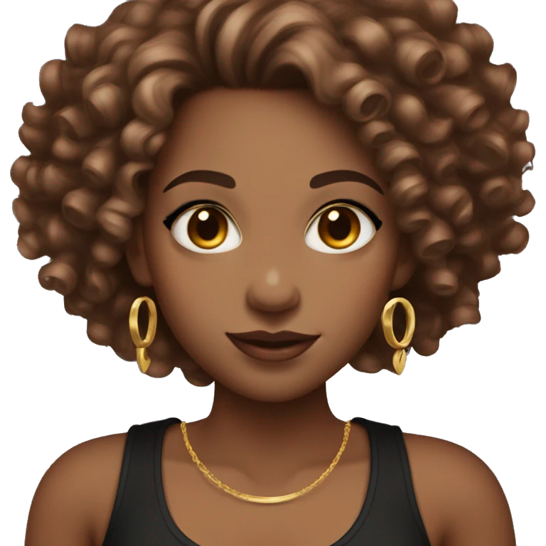 Female with curly cherry chocolate hair, burgundy eyes and light skin. She wears eyeliner and mascara, a black tank top and gold jewelry emoji