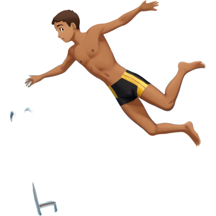 A person mid-air after jumping off a diving board, body slightly tense but moving forward. Below them, a pool labeled "Confidence", with ripples forming. A subtle 5-4-3-2-1 on the diving board shows they took the leap despite fear. emoji