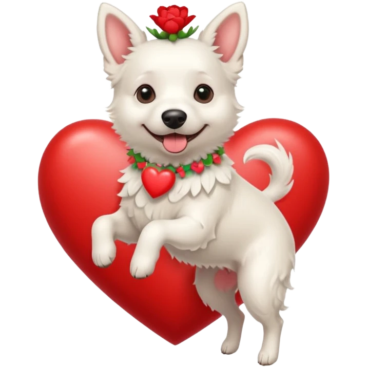 Short haired White Belgian Dog with a flowerband on head is jumping on a heart emoji