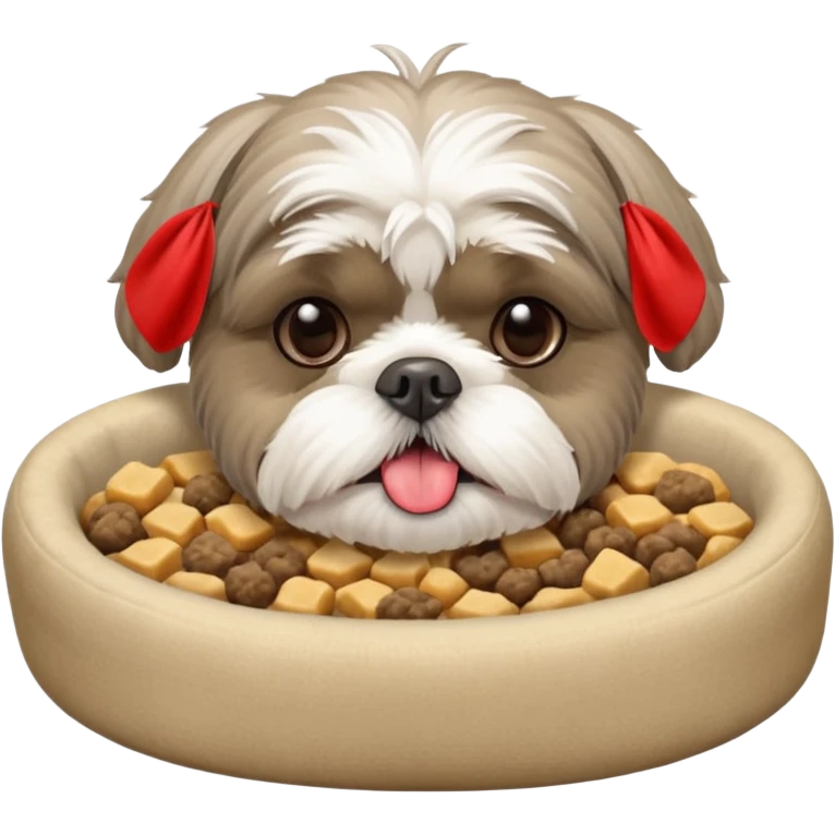 old ALL grey shih tzu in dog bed tongue hanging out bowl of food in front emoji