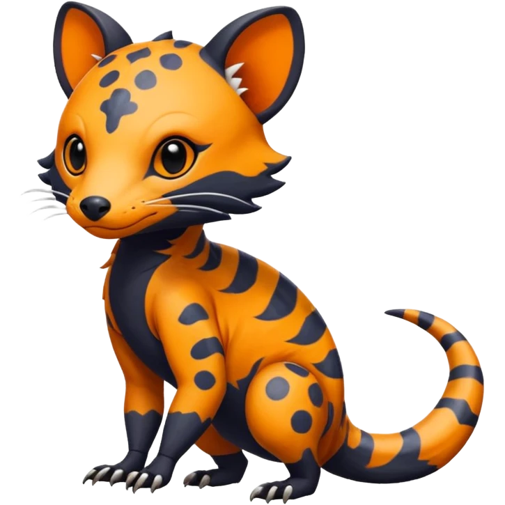 Rare warm-colored exotic cute epic aesthetic colorful Salandit-Civet-species-Fakemon-hybrid-creature, with markings, full body emoji