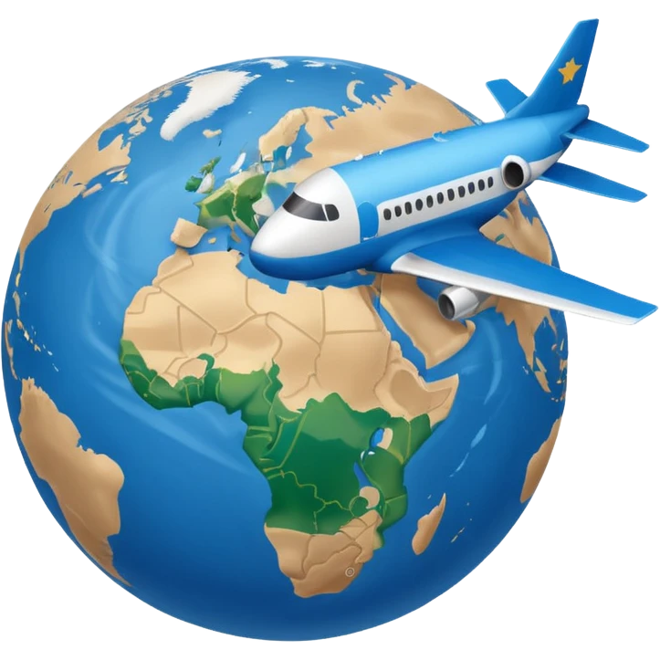 Generate a Google-style emoji representation that is not hyper-realistic but maintains a clear and recognizable depiction of a globe showing Europe and Africa.Include a plane flying around the globe, leaving a visible air trail. ensure the design can be easily understood at a small scale emoji