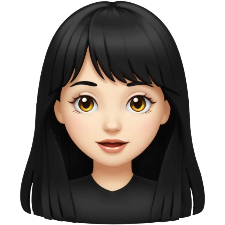 pretty white girl with long black hair and thick bangs, very dark brown eyes, winking face, emoji style emoji
