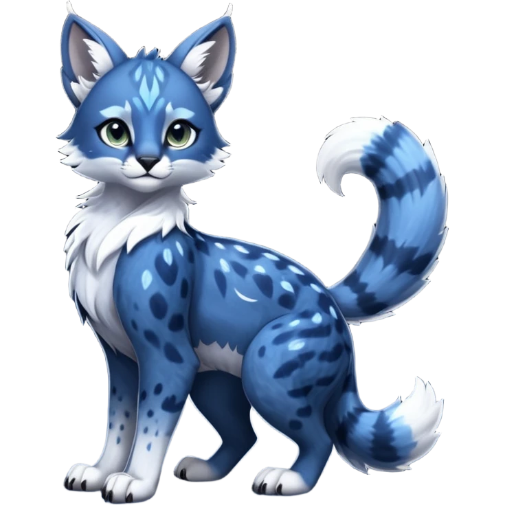 Cute kawaii cool edgy badass  glossy midnight-blue fur with silver starlight dusting fantasy-caracal-civet-genet-sergal-vernid-Gryphon-Cacomistle-Trico-oncilla-animal-Fakémon-hybrid-fursona (full body), facial markings, (realism style) emoji
