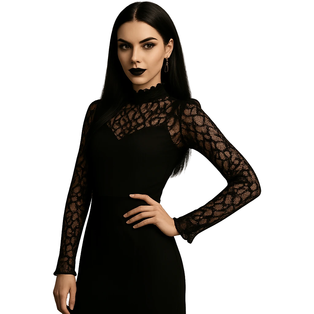 Change the image to a dynamic pose of a gothic girl standing with one hand on hip and a confident expression. Preserve the transparent background. The style should remain gothic and elegant. emoji