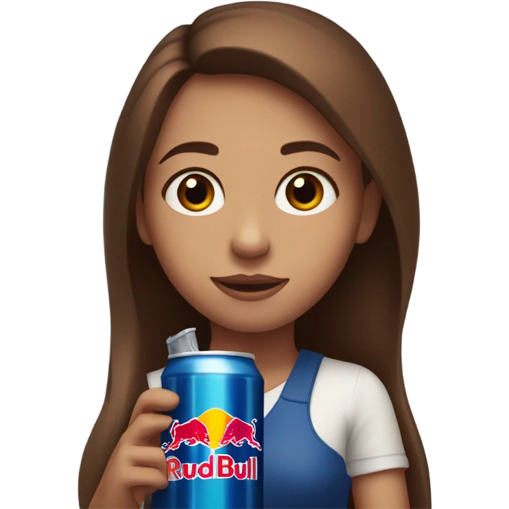 Girl with blue eyes and long brown hair holding a Red Bull drink while working emoji