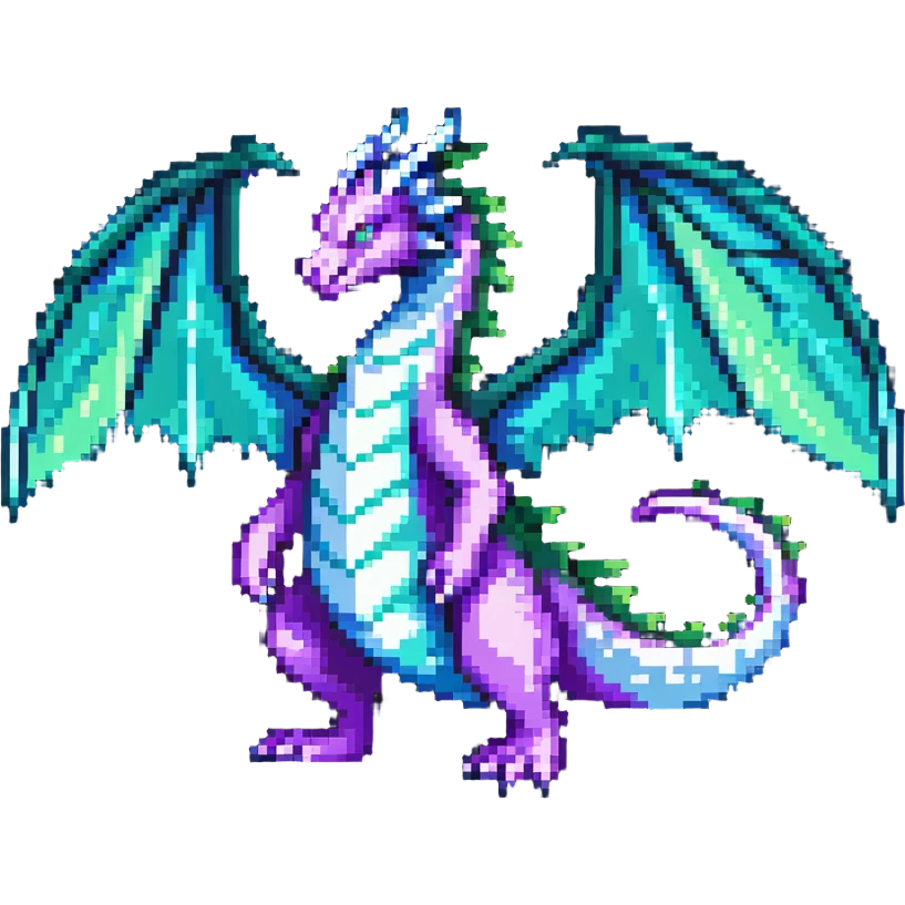 mysterious dragon with a long tail, large wings, and a magical aura, in green, blue, and purple emoji
