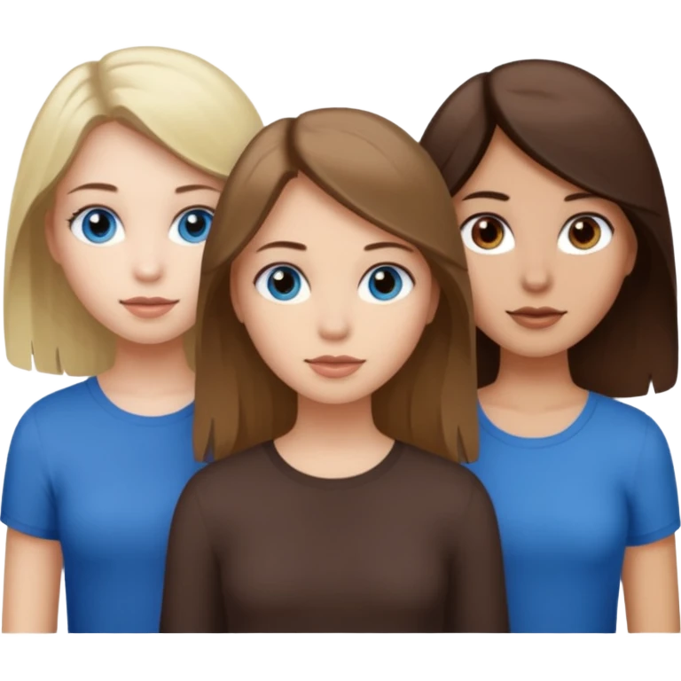 a trio of people where one girl in the back has white skin, brown hair, and brown eyes; another girl in the back has white skin, dirty blonde hair, and blue eyes; and the girl in the front has tan skin, dark brown hair and dark brown eyes. emoji