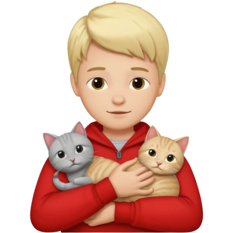 Make 1 gray cats cudling a kid that’s a boy wearing all red and he’s blond emoji