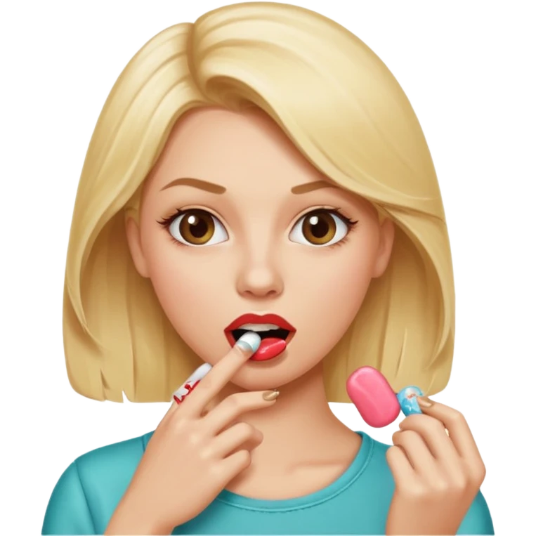 Elle fais une peu petasse, elle se mord le coin de la lèvres. Elle est blonde. Ongles vernis marrons. Elle mâche un chewing-gum  emoji