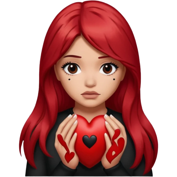 A Kylie Jenner with long red hair is sad and holds a black heart in her hands emoji