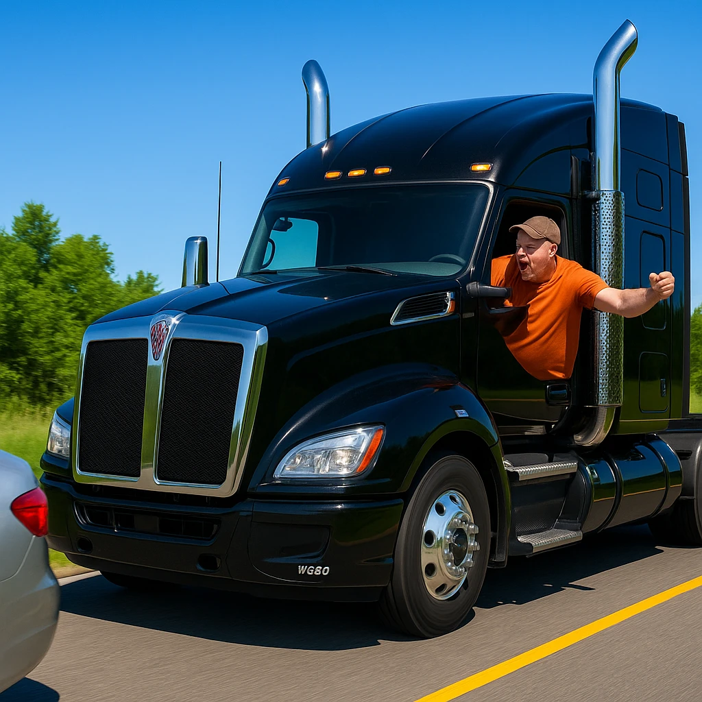 A black 2026 Kenworth W680 semi sleeper truck with chrome stack, following a car in front on a bright and vibrant clear road. The truck driver is angry, bald, wearing an orange shirt and a baseball cap, with arm out the window. Both vehicles visible in an energetic and lively road scene. emoji