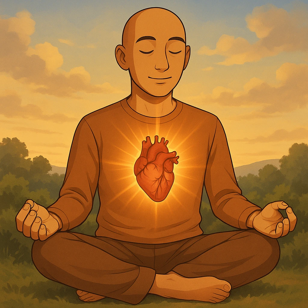 Person is meditating and his heart is glowing and shining, general style, with a real organ heart form, with a background emoji