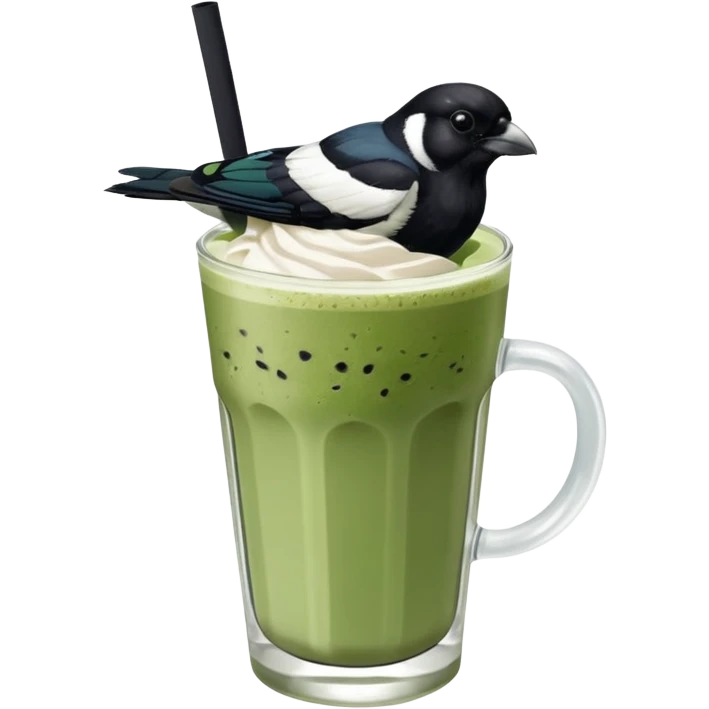 It’s an Australien Magpie (just black and white feathers) sitting on an iced matcha latte on the edge of the glass. It has green matcha on its beak indicating it drank. The iced matxha latte is in a see through glass and white from the oat milk on the bottom and green on top… one straw and ice cubes emoji