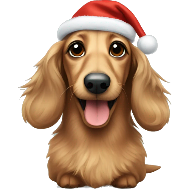 Fluffy dachshund with a Christmas mood emoji