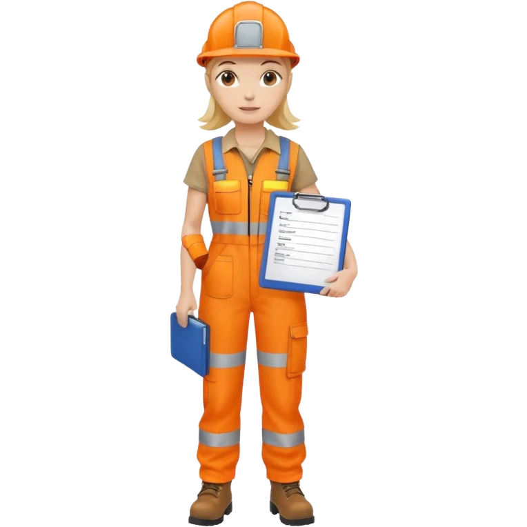 woman in orange hi vis overalls and boots holding a clipboard emoji