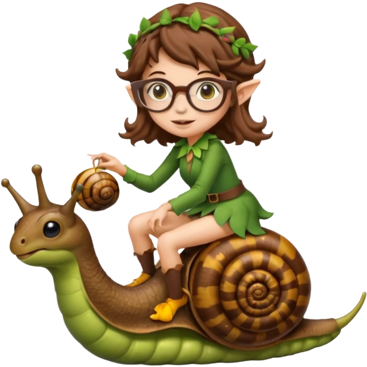 tiny forest elf woman brown wavy hair glasses riding a snail emoji