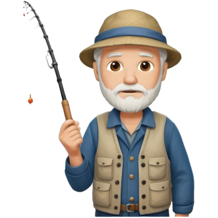 an old white haired, bearded man in fisherman attire, stood in a boat at sea, holding a fishing rod and catching fish with it. emoji