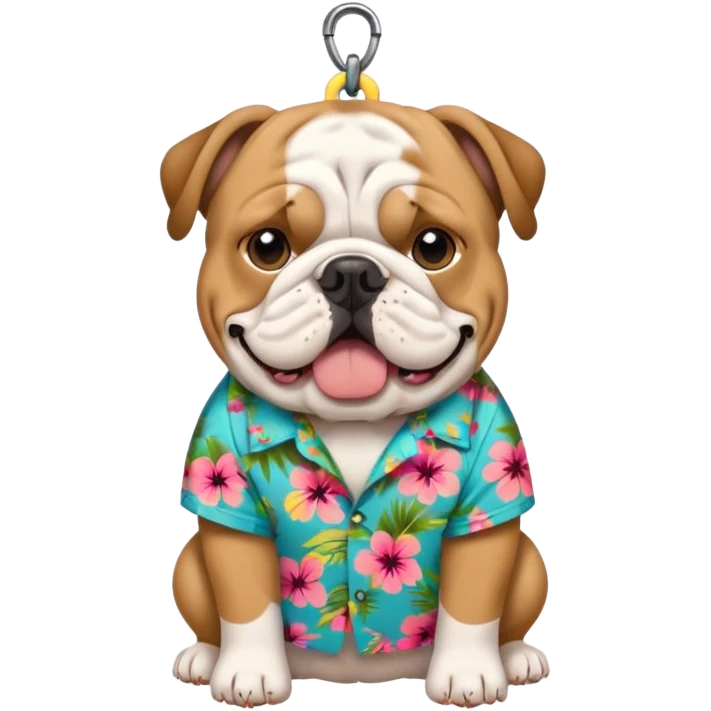 english bulldog in a floral Hawaiian shirt, dog tag labeled 'chompers', emoji style emoji