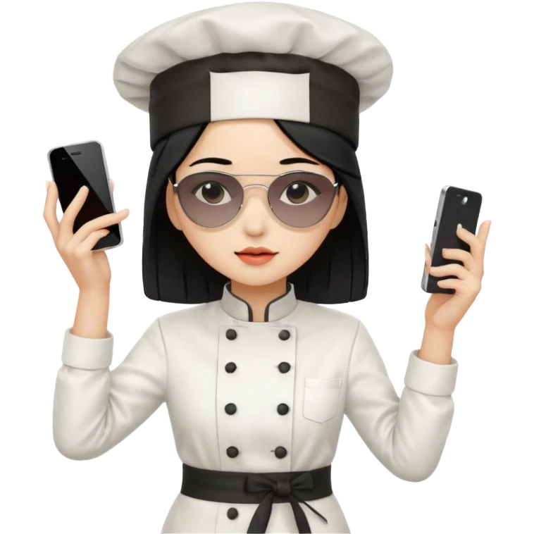A sad woman with light skin, straight hair, wearing a chef hat and sunglasses, dressed in K-pop fashion, is dancing while holding a phone. emoji