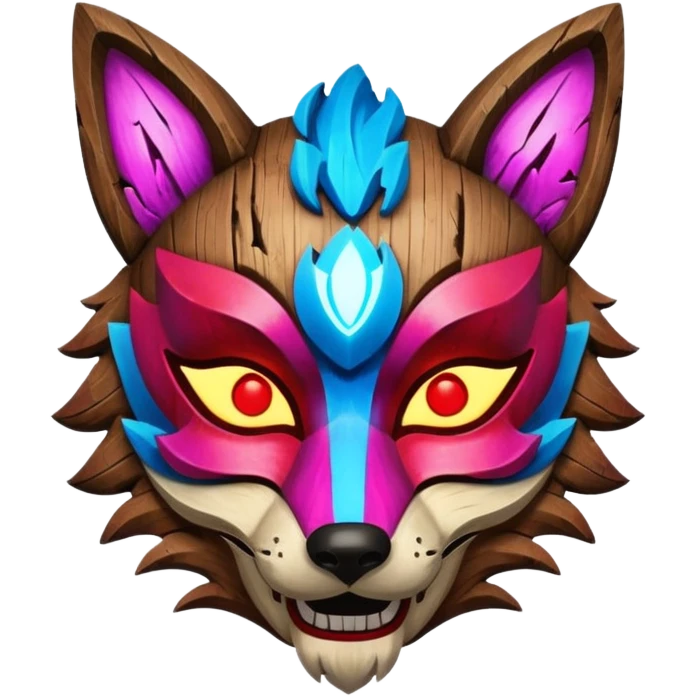Ancient wooden mask, broken in half, luminous and neon with red, blue, and pink fox-like glow. Fragments of the mask scattered around. emoji