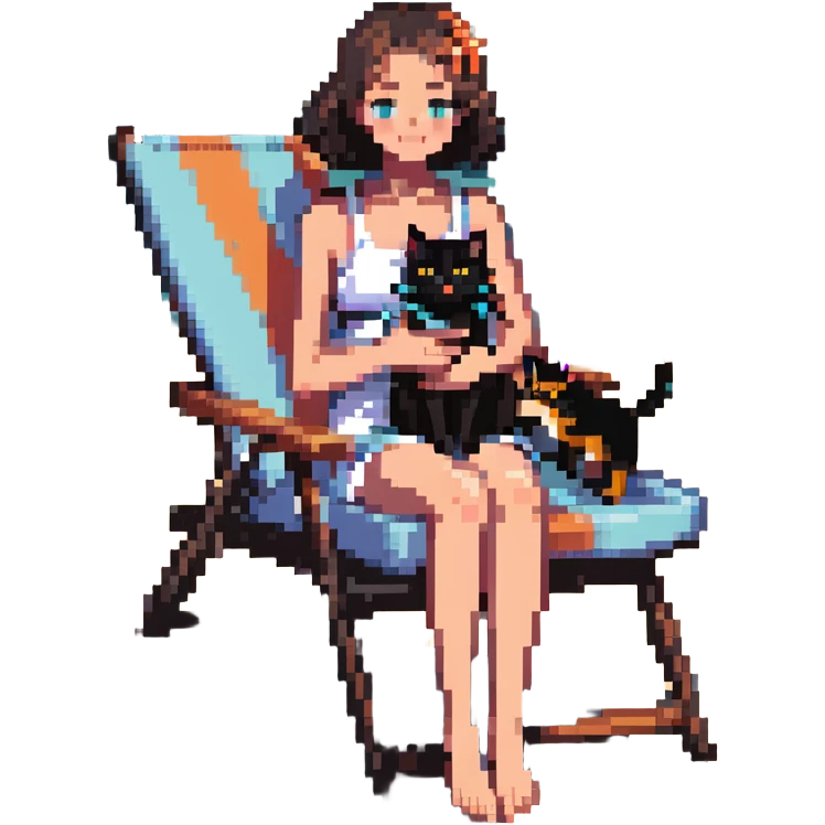 girl with her cat on a beach chair, sun shining emoji