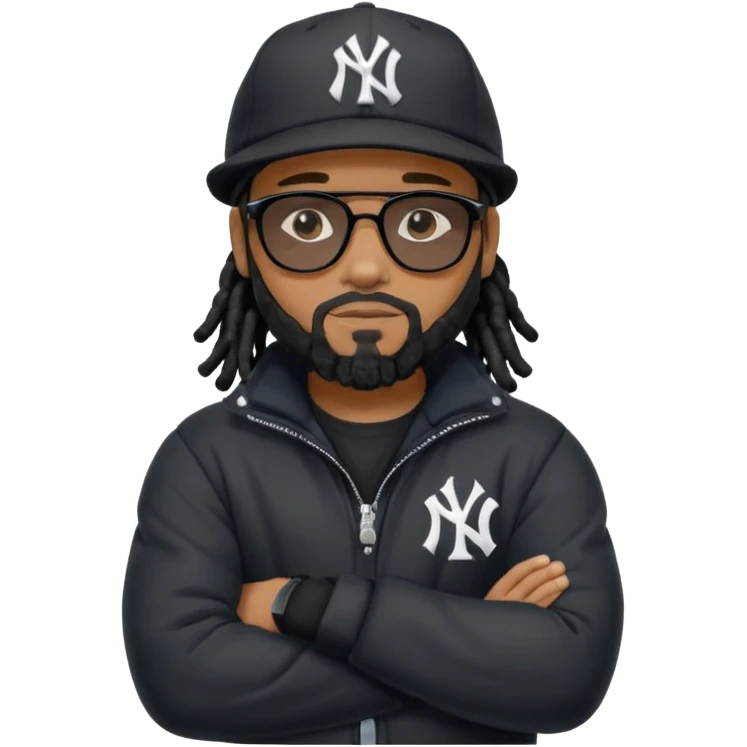 African American man with shoulder length black dreadlocks with black beard wearing  dark black sunglasses with a black bubble winter coat wearing a New York Yankees baseball cap with arms folded on chest emoji