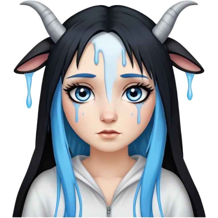 5 foot 7 inches-White female-big tears dripping-gorgeous face-very very long eyelashes-sky blue eyes with black eyeliner-very very long straight black to sky blue hair ombre-dressed as a goat emoji