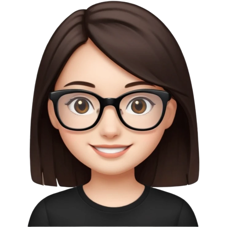 une ado, brune aux cheuveux tres fonces tres longs lisses blanche, ,lunettes carres/ rectanglesnoires, yeux bruns joues rose, haut noir emoji